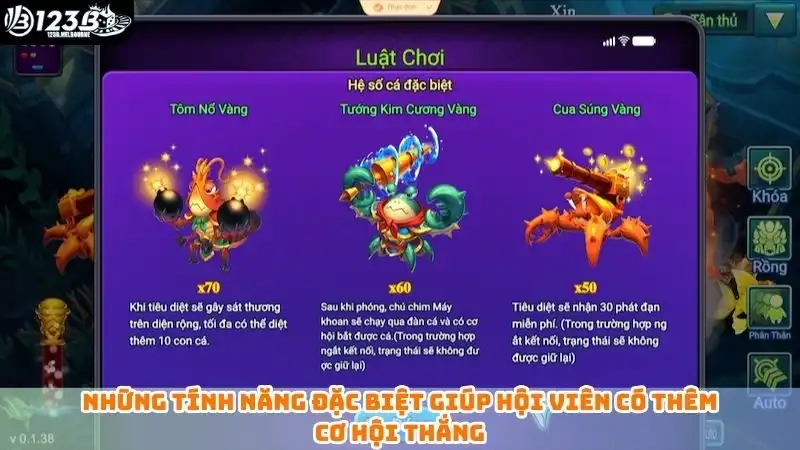 Bắn cá long vương 123B - Hướng dẫn cách săn cá cực chuẩn Những tính năng đặc biệt giúp hội viên có thêm cơ hội thắng
